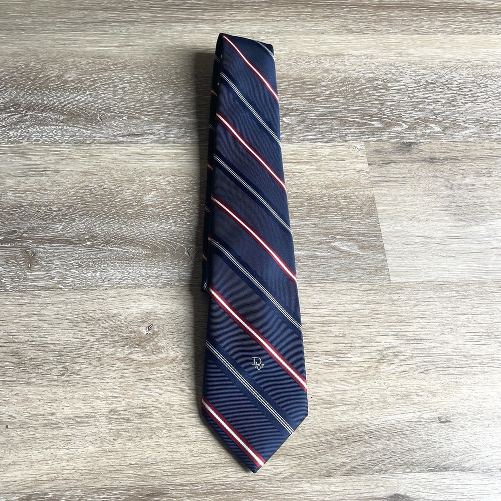 VTG Christian Dior Crab aged Men Tie Navy Burgundy Stripe Silk Blend Signed Logo